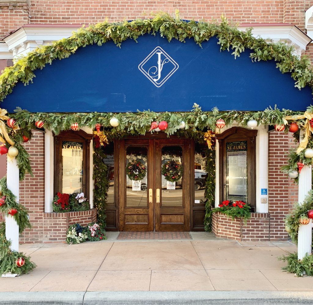 St James Hotel Front decorated in holiday garland